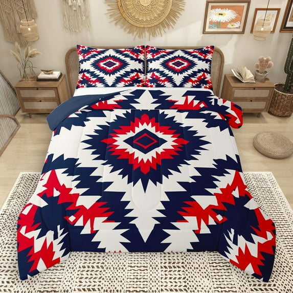 Manfei Ancient bohemian Aztec Full Size Comforter Sets,Boho Tribal Gemetric Bedding Comforter Set,Red Blue White Bedding Sets For Men Women,Super Cozy Room Decor Reversible,3 Pieces
