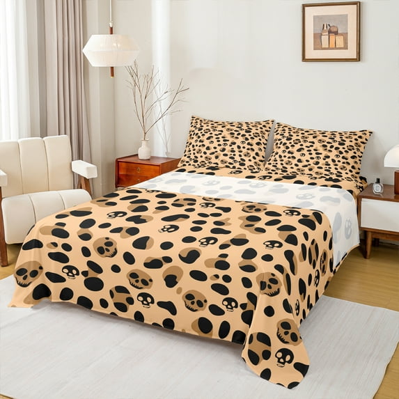 Manfei Ancient Cheetah Print Full Size Sheets,Vintage Leopard Pattern Bed Sheets,Brown Black Sheet Sets For Girl Boy,Breathable Home Decor,4-Piece