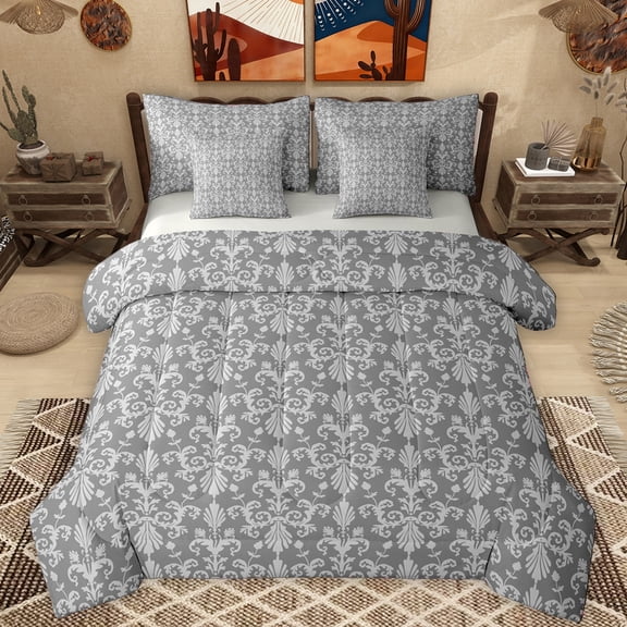 Manfei Ancient Damask Jacquard 7 Pieces Bedding Comforter Set,Rustic Victorian Flower Full Bedding Set,Gray Baroque Floral Fitted Sheet Flat Sheet For Adults,Super Cozy Room Decor Reversible
