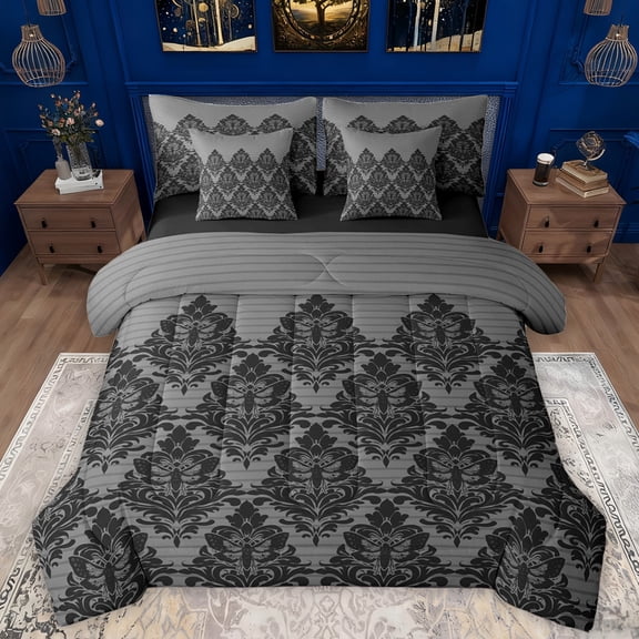 Manfei Ancient Damask Jacquard 7pcs Bedding Comforter Set,Victorian Baroque Print Queen Bedding Sets,Spooky Moth Queen Sheet Sets For Kids,Microfiber Bedroom Decor Reversible