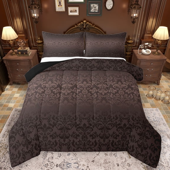 Manfei Ancient Damask Jacquard Bedding Comforter Set,Rustic Victorian Flower Twin Comforter Sets,Brown Baroque Floral Bedding Set For Adults,Super Cozy Room Decor Reversible,2-Piece