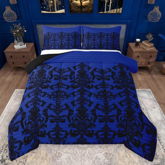 Manfei Ancient Damask Jacquard Full Size Comforter Sets,Victorian Baroque Print Bedding Comforter Set,Deepblue Black Bedding Sets For Kids,Microfiber Bedroom Decor Reversible,3pcs