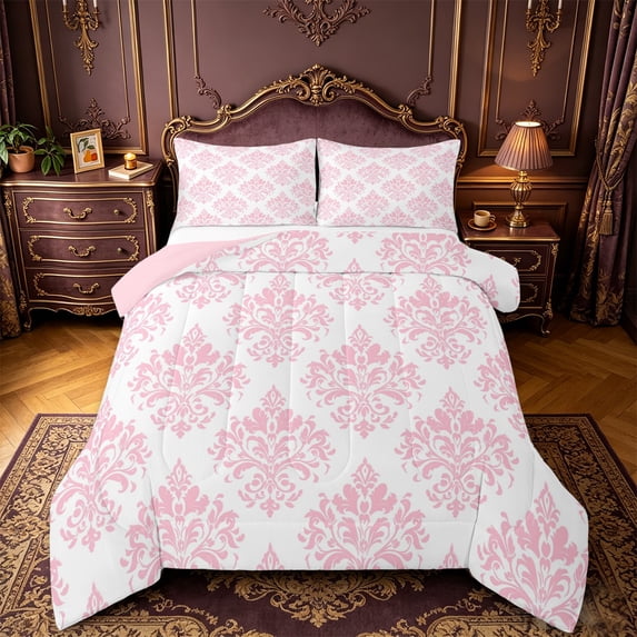 Manfei Ancient Damask Jacquard Queen Comforter Set,Boho Floral Baroque Flower Bedding Sets,Pink White Bedding Comforter Set For Kids,Breathable Home Decor Reversible,3-Piece