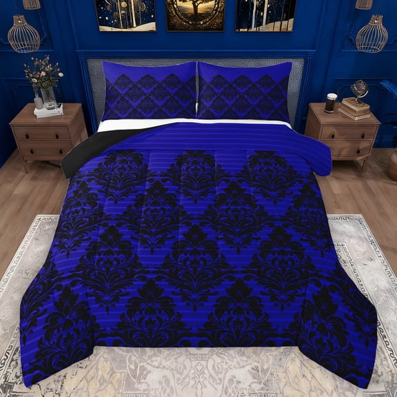 Manfei Ancient Damask Jacquard Queen Comforter Set,Victorian Baroque Print Bedding Sets,Blue Black Bedding Comforter Set For Kids,Microfiber Bedroom Decor Reversible,3pcs