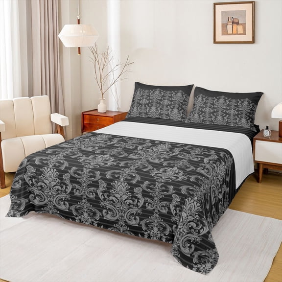 Manfei Ancient Damask Twin Sheet Set,Victorian Baroque Black Gray,3-Piece