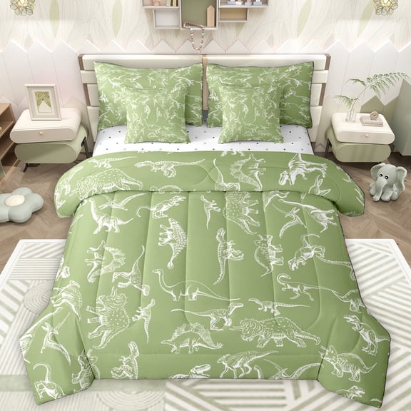 Manfei Ancient Dino 7-Piece Twin Bedding Sets,Wild Dinosaur Bedding Comforter Set,Green White Sheet Sets For Boys Teens,Super Cozy Room Decor Reversible