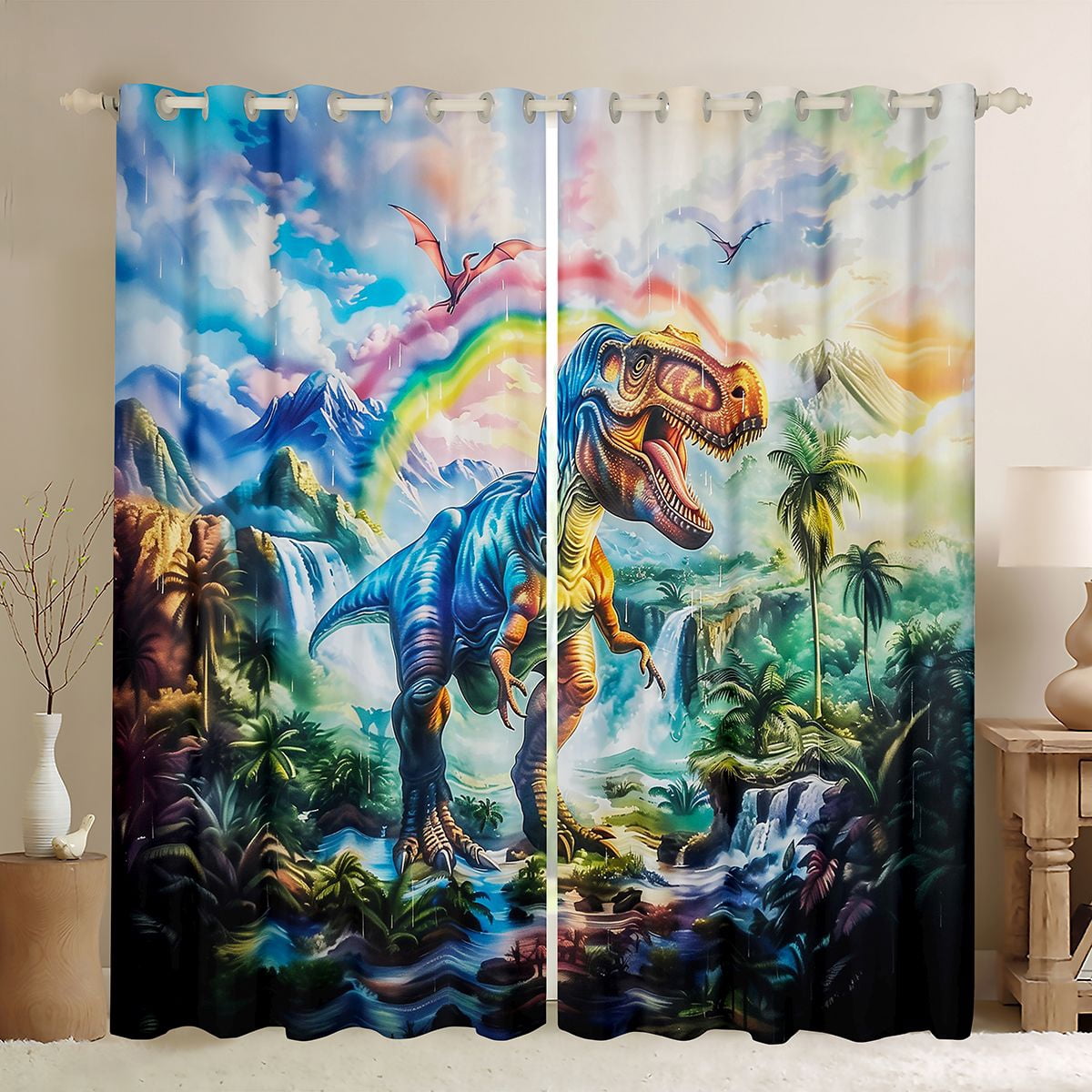 Manfei Ancient Dinosaur Black Out Curtains,Tropical Botanical Coconut Curtains Pack of 2 (42x63 Each),Rainbow Print Bedroom Curtains For Kids,Microfiber Bedroom Decor