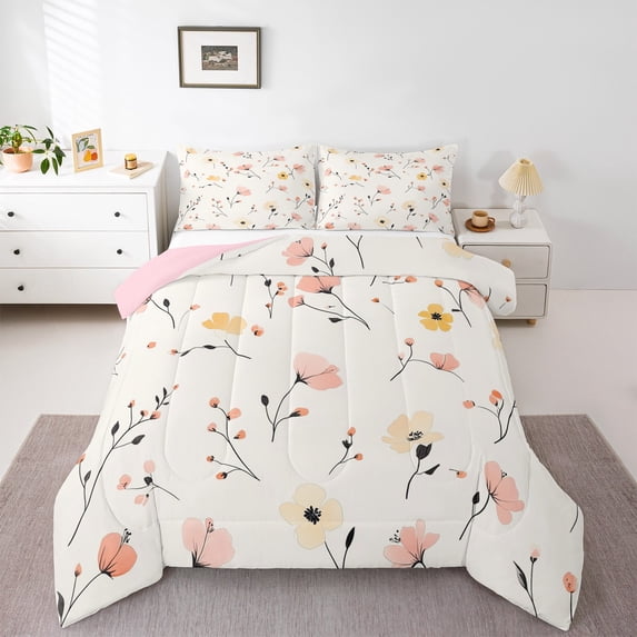Manfei Ancient Flower Full Size Comforter Sets,Pink Yellow Floral Bedding Comforter Set,Rustic Botanical Bedding Sets For Girl,Luxury Bedroom Decor Reversible,3-Piece