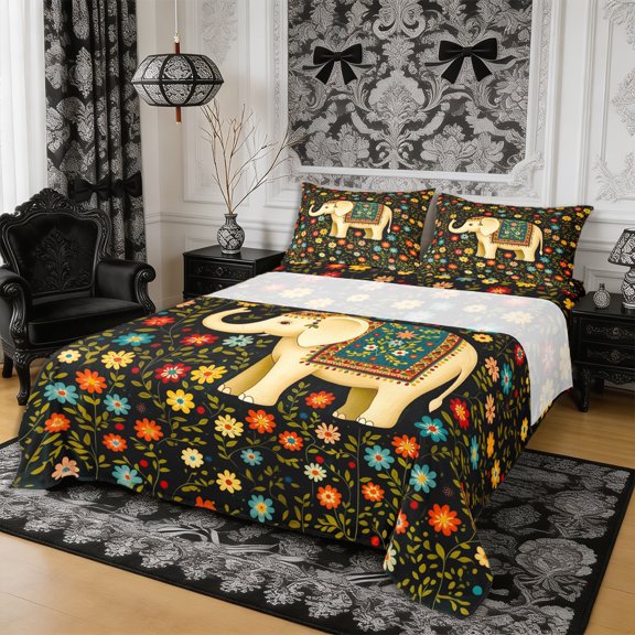 Manfei Aniaml Elephant Bed Sheets 4-Piece,Bohemian Flowers Full Size Sheets,1 Flat Sheet,1 Fitted Sheet and 2 Pillowcases