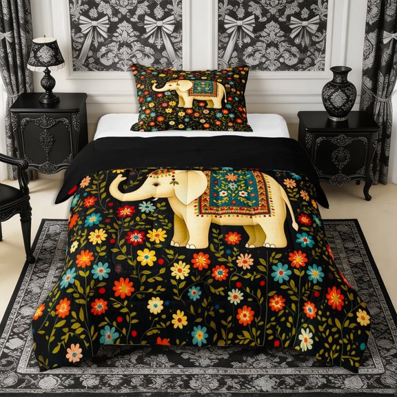Manfei Aniaml Elephant Twin Comforter Sets 2pcs,Bohemian Flowers Bedding Set,1 Comforter and 1 Pillowcase,Reversible