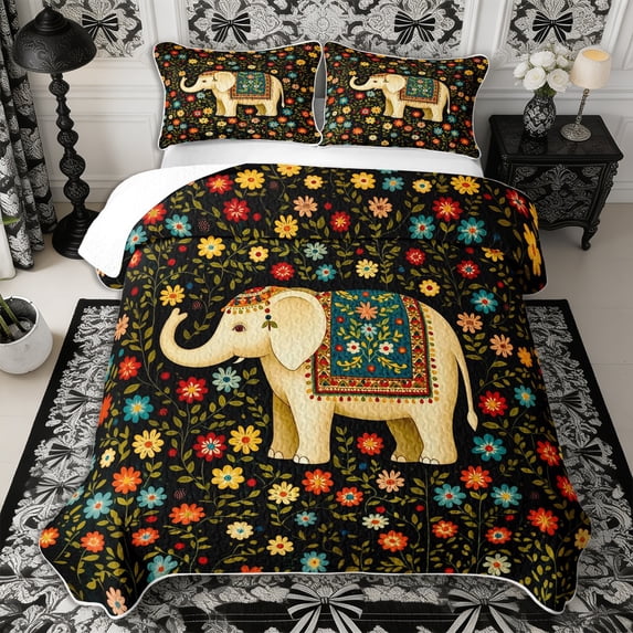 Manfei Aniaml Elephant Twin Quilt Set 2 Pieces,Bohemian Flowers Twin Coverlet Set,1 Bedspread and 1 Pillowcase