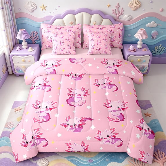 Manfei Animal Axolotl 7-Piece King Bedding,Watercolor Amphibian King Bed in a Bag,Pink Reversible