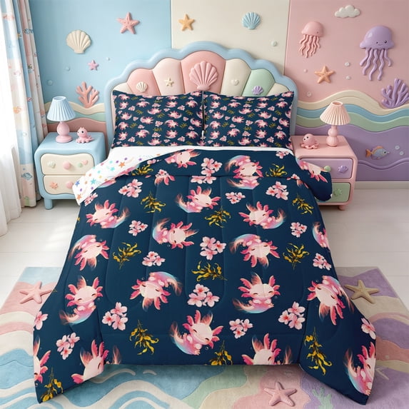 Manfei Animal Axolotl Full Size Comforter Sets,Pastel Salamander Bedding Comforter Set,Colorful Stars Reversible,3pcs,1 Comforter and 2 Pillowcases