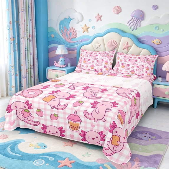 Manfei Animal Axolotl King Sheets,Cartoon Salamander Bedding,4-Piece,1 Flat Sheet,1 Fitted Sheet and 2 Pillowcases