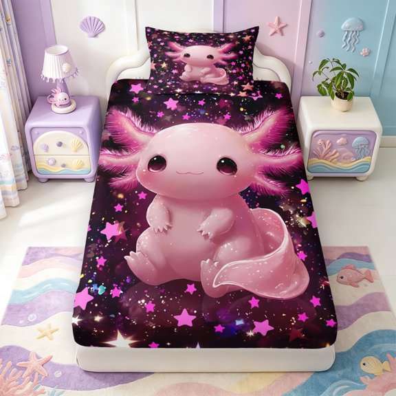 Manfei Animal Axolotl Twin Fitted Sheet,Adorable Salamander Bedding,2pcs,1 Fitted Sheet and 1 Pillowcase