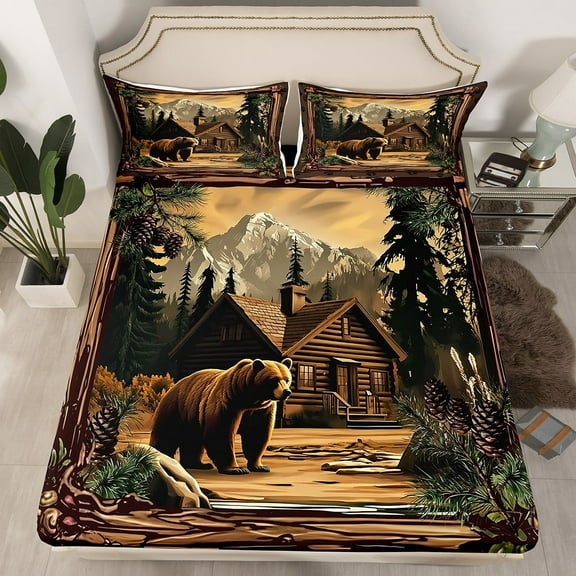 Manfei Animal Bear 4 Pieces Queen Sheet Sets,Rustic Cabin Ultra Soft Flat Sheet,Jungle Wildlife Queen Fitted Sheet,Safari Bedroom Decorative