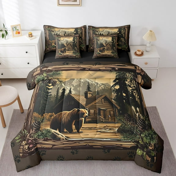 Manfei Animal Bear 7-Piece Twin Bedding Sets,Rustic Cabin Bedding Comforter Set,Jungle Wildlife Breathable Sheet Sets,Microfiber Safari Bedroom Decorative,Reversible