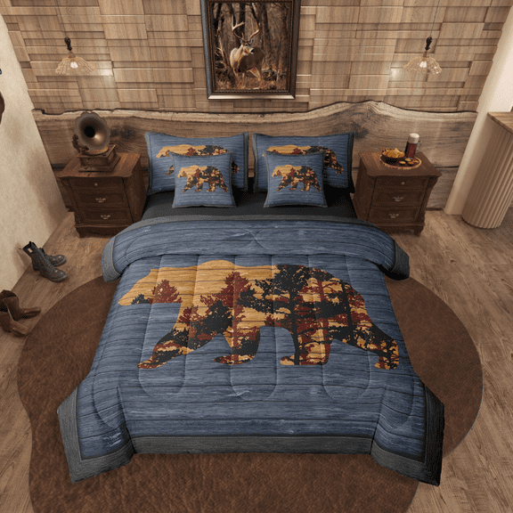 Manfei Animal Bear 7pcs Bedding Comforter Set,Lodge Cabin Queen Bedding Sets Super Cozy,Jungle Wildlife Queen Sheet Sets,Ultra Soft Rustic Room Decorative,Reversible