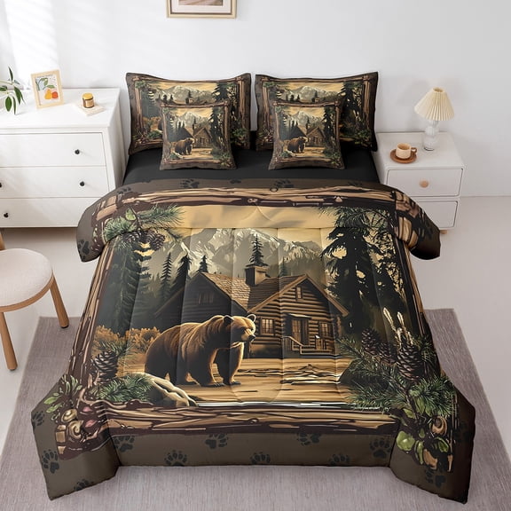 Manfei Animal Bear 7pcs Bedding Comforter Set,Rustic Cabin Queen Bedding Sets Super Cozy,Jungle Wildlife Queen Sheet Sets,Microfiber Safari Bedroom Decorative,Reversible