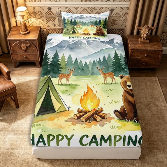 Manfei Animal Bear Deer Twin Fitted Sheet 2 Pieces,Happy Camping Bedding,White Green,1 Fitted Sheet and 1 Pillowcase