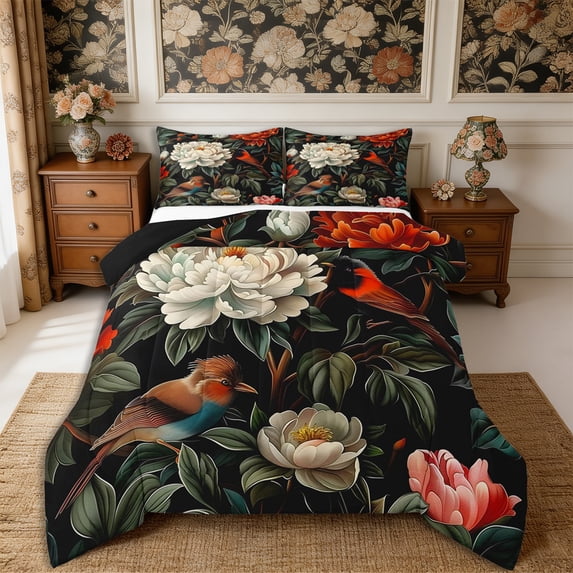 Manfei Animal Bird Full Size Comforter Sets 3-Piece,Chic Flowers Bedding Comforter Set,1 Comforter and 2 Pillowcases,Reversible
