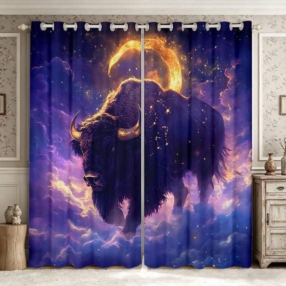Manfei Animal Bison Blackout Curtains,Farmhouse Cattle Window Curtains Pack of 2 (38x45 Each),Purple Gold