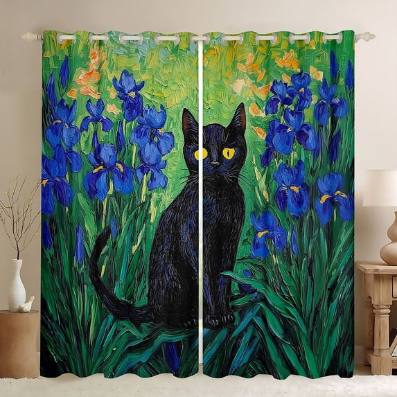 Manfei Animal Black Cat Black Out Curtains for Boys Girls,Cartoon Floral Animal Curtains Pack of 2 (42x63 Each),Chic Purple Flowers Bedroom Curtains,Breathable Home Decor