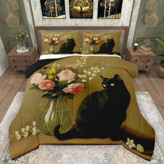 Manfei Animal Black Cat Full Size Comforter Sets 3-Piece for Boys Girls,Kawaii Floral Animal Bedding Comforter Set,Vintage Aesthetics Lightweight Bedding Sets,Breathable Home Decor,Reversible