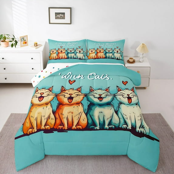 Manfei Animal Cat 3 Pieces Queen Comforter Set for Boys Girls,Cartoon Animal Ultra Soft Bedding Sets,Kawaii Pet Bedding Comforter Set Breathable,Breathable Home Decor,Reversible