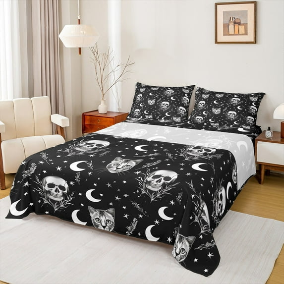 Manfei Animal Cat 4 Pieces Queen Sheet Sets,Gothic Skull Ultra Soft Flat Sheet,Starry Sky Queen Fitted Sheet,Lightweight Exotic Room Decor