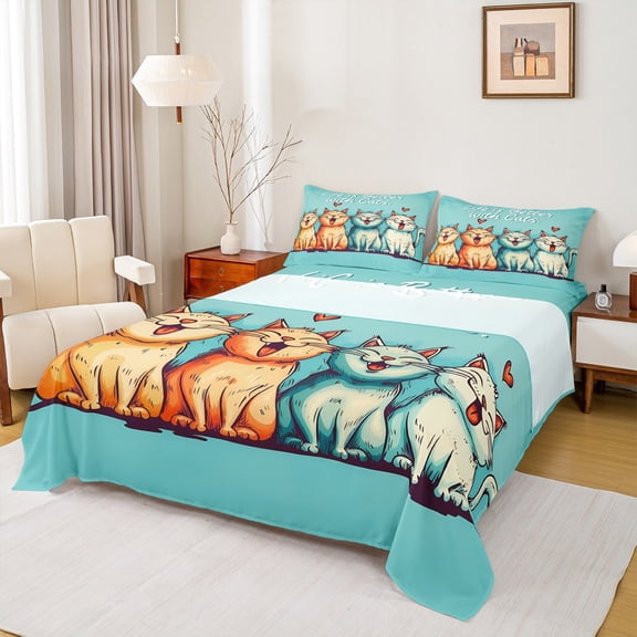 Manfei Animal Cat 4pcs Bed Sheets for Boys Girls,Cartoon Animal King Sheets,Kawaii Pet Super Cozy Sheet Set,Breathable Home Decor