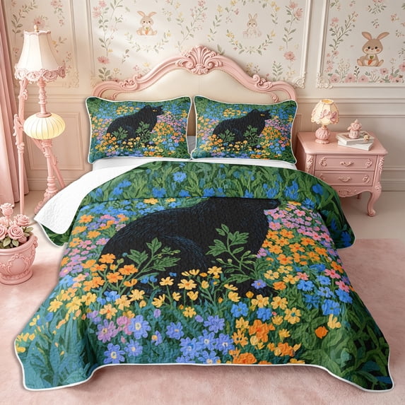 Manfei Animal Cat Quilt King 3 Pieces,Watercolor Flowers King Coverlet Set,1 Bedspread and 2 Pillowcases