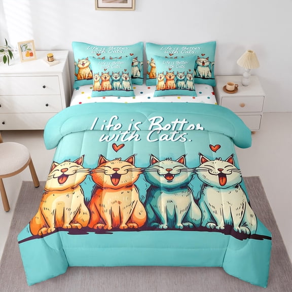 Manfei Animal Cat Twin Bedding Sets 7-Piece for Boys Girls,Cartoon Animal Bedding Comforter Set Microfiber,Kawaii Pet Breathable Sheet Sets,Breathable Home Decor,Reversible