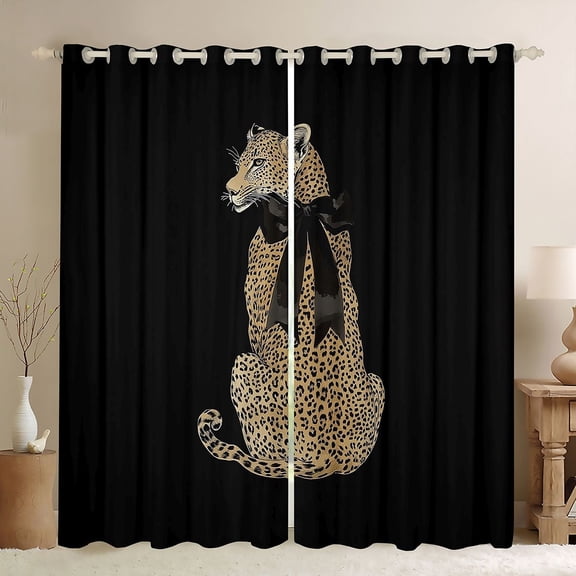 Manfei Animal Cheetah Blackout Curtains Set of 2 (52x84 Each) for Boys Girls,Black Ribbon Bow Window Curtains,Jungle Wildlife Curtains and Drapes,Luxury Bedroom Decor