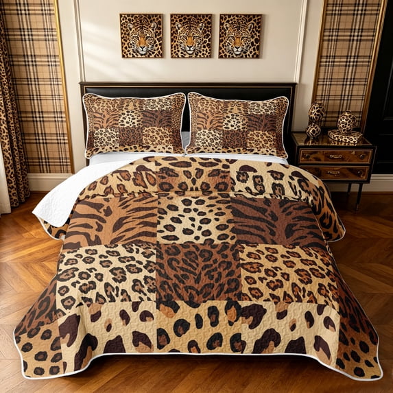 Manfei Animal Cheetah Print Bed Spread Queen, Old Fashion Plaid Queen Coverlet Set, Brown, Black Reversible, 3-Piece, 1 Quilt and 2 Pillowcases