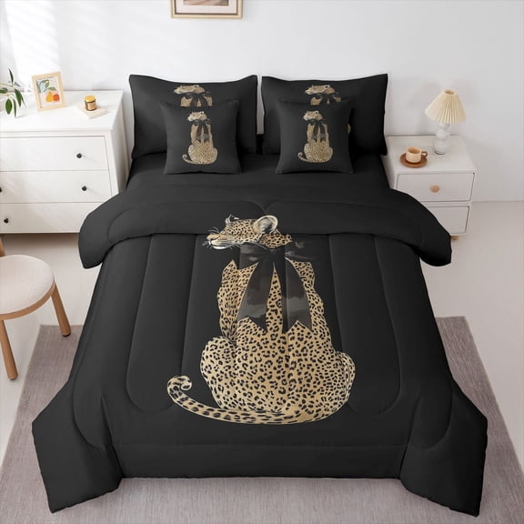 Manfei Animal Cheetah Twin Bedding Sets 7-Piece for Boys Girls,Black Ribbon Bow Bedding Comforter Set Microfiber,Jungle Wildlife Breathable Sheet Sets,Luxury Bedroom Decor,Reversible