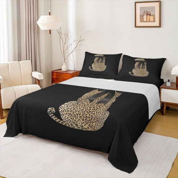 Manfei Animal Cheetah Twin Sheet Sets 3pcs for Boys Girls,Black Ribbon Bow Twin Fitted Sheet Microfiber,Jungle Wildlife Breathable Flat Sheet,Luxury Bedroom Decor
