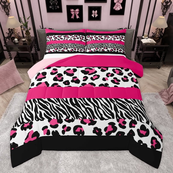 Manfei Animal Cheetah Zebra Print 2pcs Bedding Comforter Set for Teens,Purple Lines Twin Comforter Sets,Black Pink Breathable Bedding Set,Geometric Stripes Home Decor,Reversible