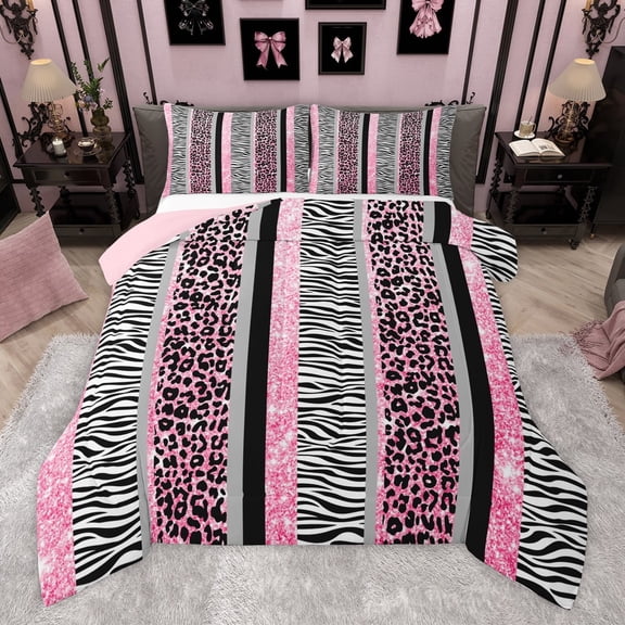 Manfei Animal Cheetah Zebra Print 3-Piece Full Size Comforter Sets for Teens,Bling Glitter Bedding Comforter Set,Black Pink Lightweight Bedding Sets,Geometric Stripes Home Decor,Reversible