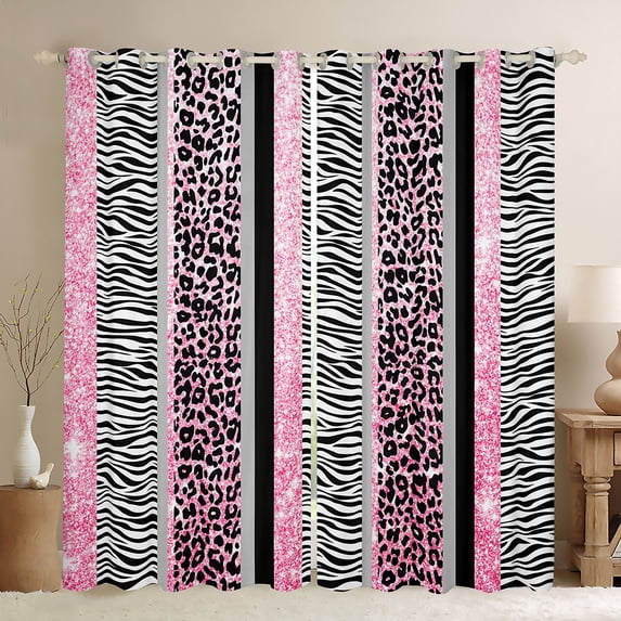 Manfei Animal Cheetah Zebra Print Black Out Curtains for Teens,Bling Glitter Curtains Pack of 2 (42x63 Each),Black Pink Bedroom Curtains,Geometric Stripes Home Decor