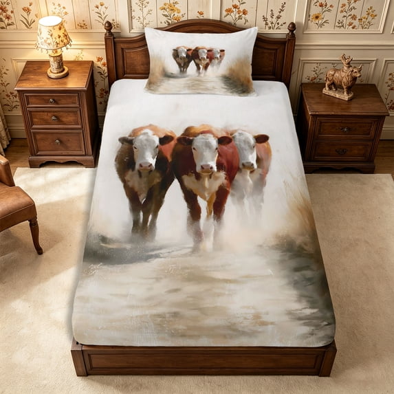 Manfei Animal Cows Twin Fitted Sheet 2 Pieces,Rustic Countryside Bedding,White Brown,1 Fitted Sheet and 1 Pillowcase