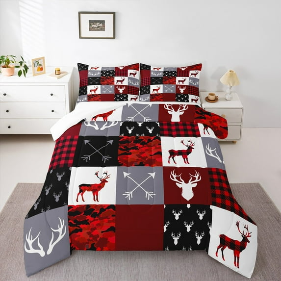 Manfei Animal Deer 2pcs Bedding Comforter Set,Red Camouflage Twin Comforter Sets,Buffalo Plaid Breathable Bedding Set,Ultra Soft Wildlife Home Decor
