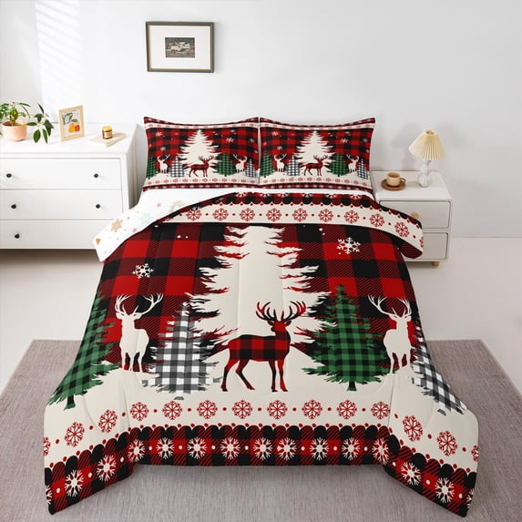 Manfei Animal Deer 3 Pieces Queen Comforter Set for Female Men Adults,Merry Christmas Ultra Soft Bedding Sets,Geometric Plaid Bedding Comforter Set Breathable,Breathable Home Decor,Reversible
