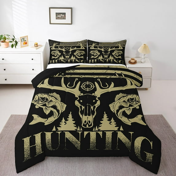 Manfei Animal Deer 3pcs King Size Comforter Sets,Fishing Hunting Bedding Comforter Set,Bass Fish Bedding Set,Ultra Soft Teens Bedroom Decor,Reversible