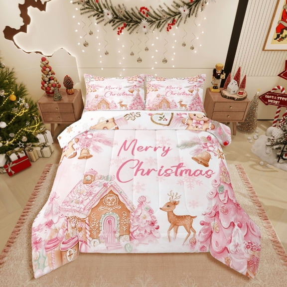 Manfei Animal Deer 3pcs King Size Comforter Sets,Merry Christmas Bedding Comforter Set,Gingerbread Man Super Cozy Bedding Set,Ultra Soft Xmas Home Decor,Reversible