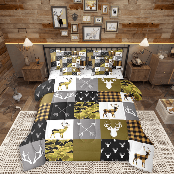 Manfei Animal Deer 7-Piece Twin Bedding Sets,Yellow Camouflage Bedding Comforter Set,Buffalo Plaid Breathable Sheet Sets,Ultra Soft Wildlife Home Decor,Reversible