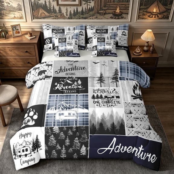 Manfei Animal Deer Bear 7-Piece Twin Bedding,Happy Camping Bedding Comforter Set,Gray Navy