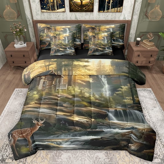 Manfei Animal Deer Bedding Comforter Set 7-Piece for Boys Girls,Rustic Cottage King Bedding Sets,Nature Scenery Ultra Soft Bed Sheets,Ultra Soft Home Decor,Reversible