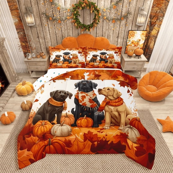Manfei Animal Dogs 3-Piece Full Size Comforter Sets,Autumn Harvest Bedding Comforter Set,Festival Pumpkin Lightweight Bedding Sets,Microfiber Kids Bedroom Decor,Reversible