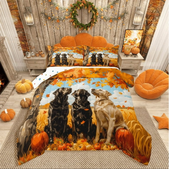 Manfei Animal Dogs 3 Pieces Queen Comforter Set,Botanical Pumpkin Ultra Soft Bedding Sets,Autumn Harvest Bedding Comforter Set,Ultra Soft Thanksgiving Day Home Decor,Reversible